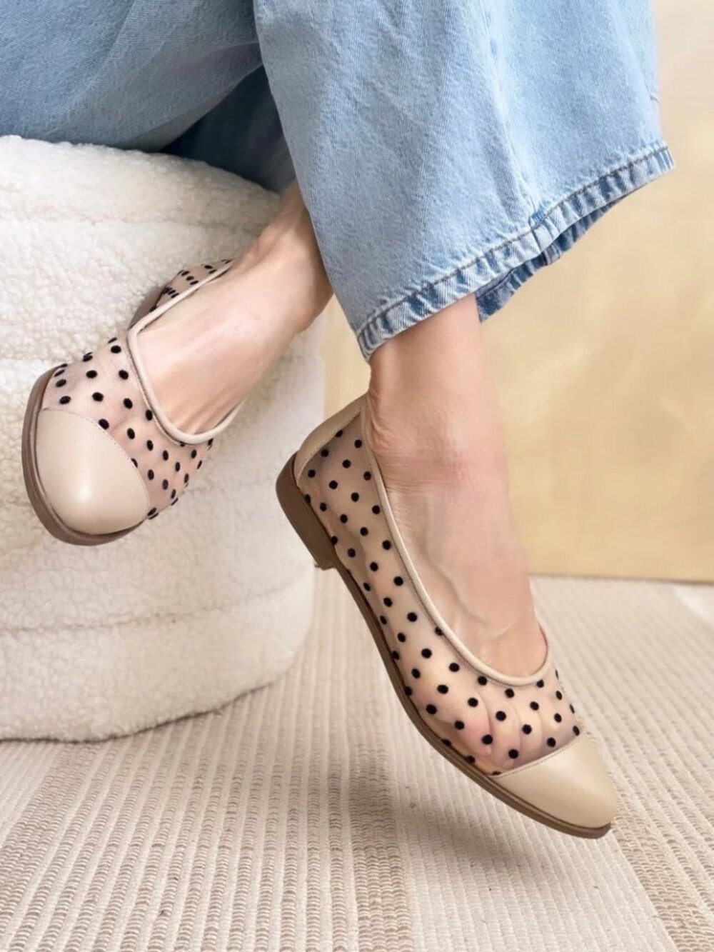 Bueno Babs Flats Cream Combo Mesh Polka Dot Shoes Size 38